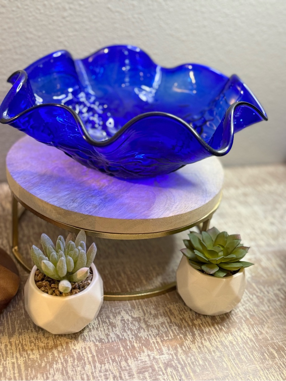 Vintage Cobalt Blue Art Glass Ruffled Bowl – Grapes & Leaves Pattern Hand Blown